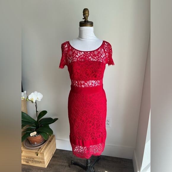 NICOLE MILLER RED SHORT SLEEVE COMBO DRESS MIDI LACE ILLUSION SIZE 0 - Picture 2 of 10